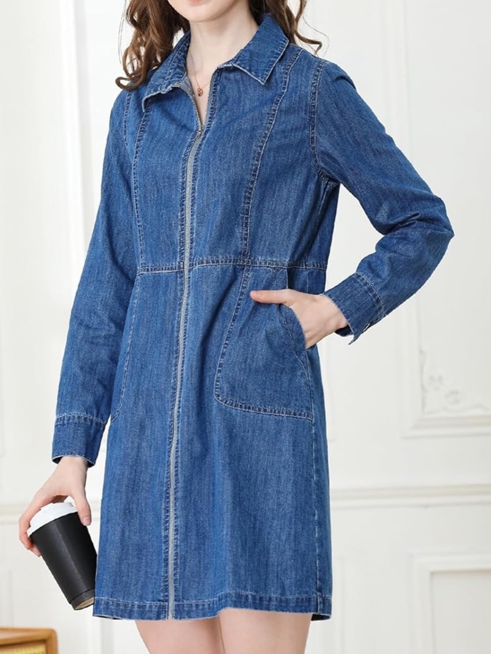 Denim dress with collar and zip up front. XL